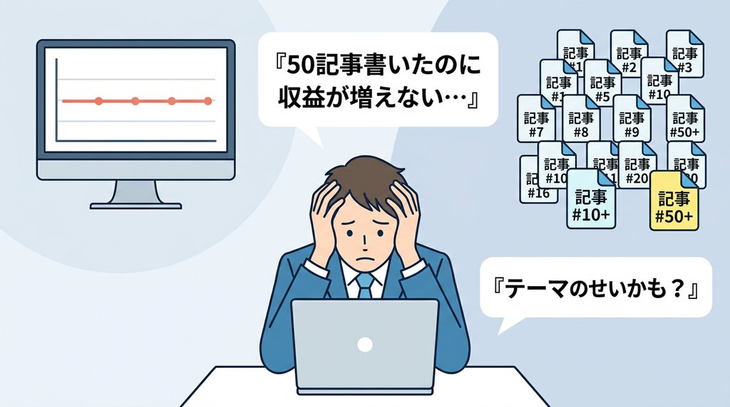50記事書いたのに収益が増えない…テーマのせいかも？と悩むブロガーのイラスト