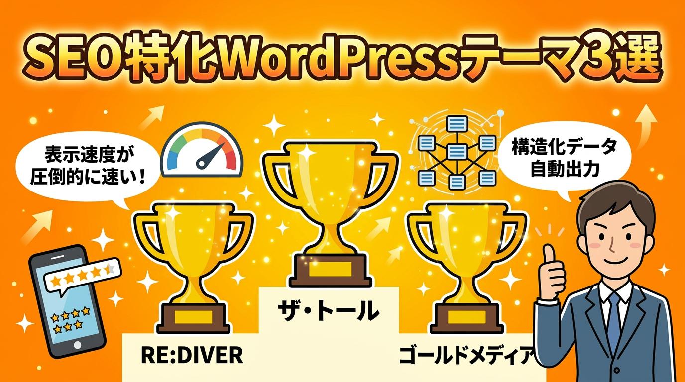 SEO特化WordPressテーマ3選（RE:DIVER・ザ・トール・ゴールドメディア）の比較イラスト