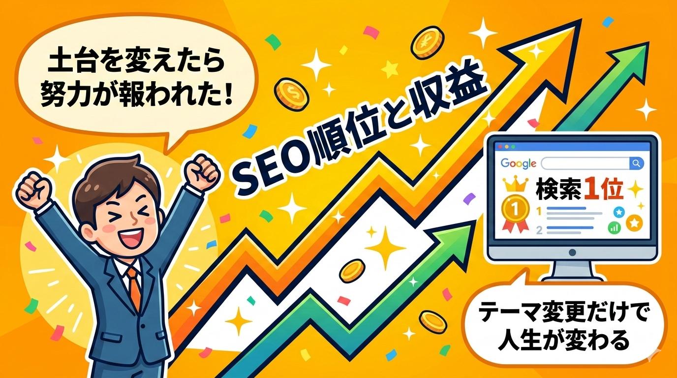 テーマ変更後にSEO順位と収益が右肩上がりになった理想の未来イメージイラスト