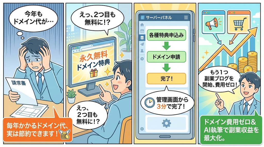 エックスサーバーで2個目ドメインを無料取得する申請手順の4コマ解説