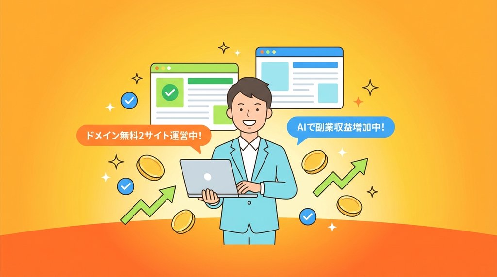 ドメイン代ゼロで2サイト運営・AIで副業収益アップのイメージ