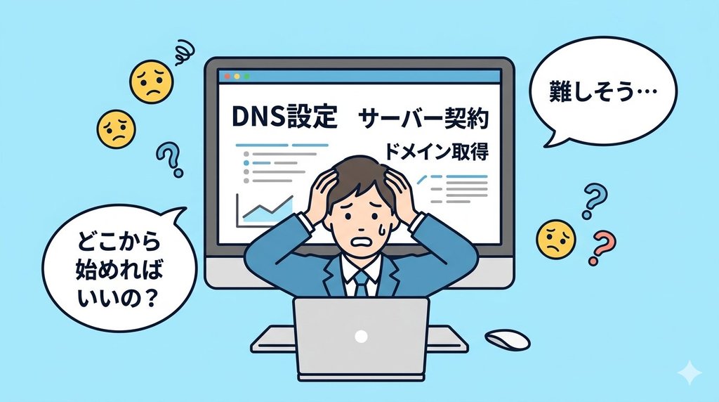 DNS設定やサーバー契約など専門用語に悩む初心者のイラスト