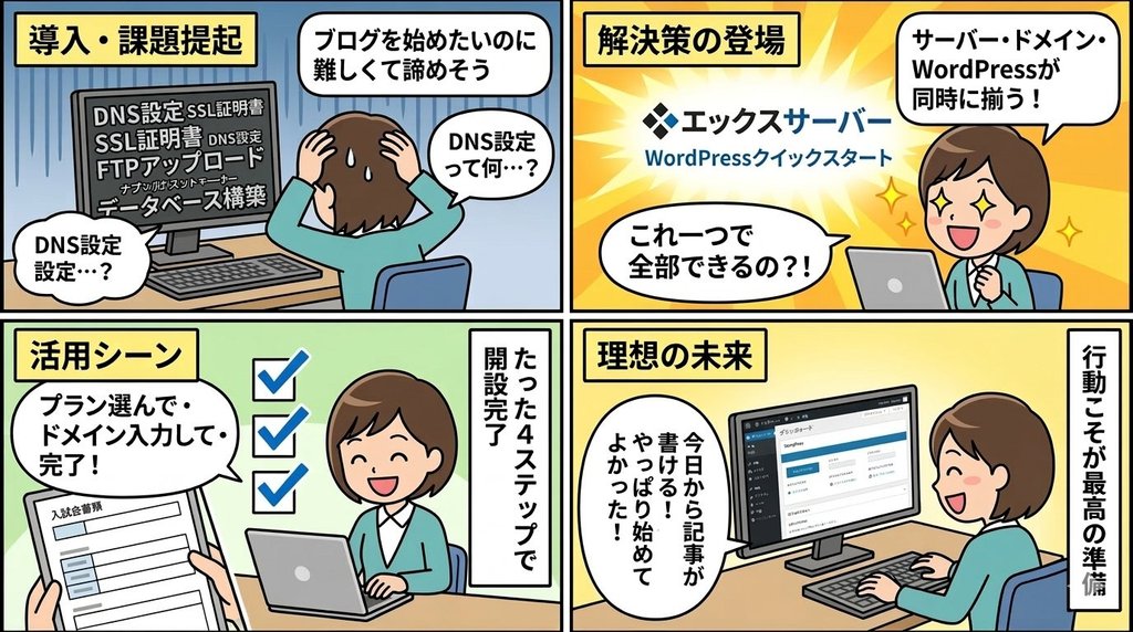 WordPressクイックスタート4ステップ図解4コマ漫画
