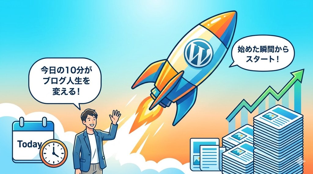 WordPressロケットが飛び立つ結論・未来イメージのイラスト