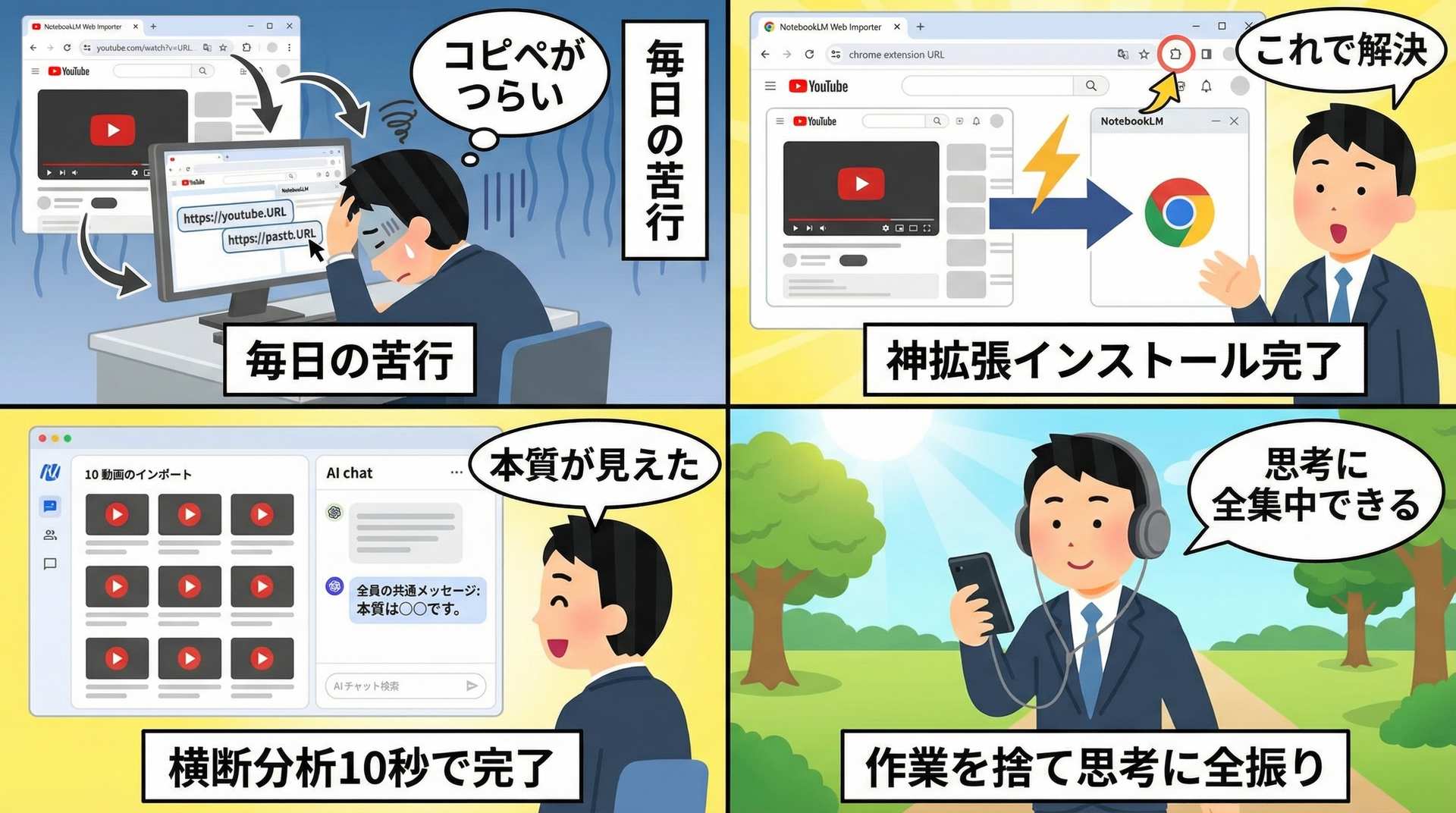 YouTubeコピペ苦行から神拡張インストール・横断分析・思考全集中までを描いた4コマ漫画