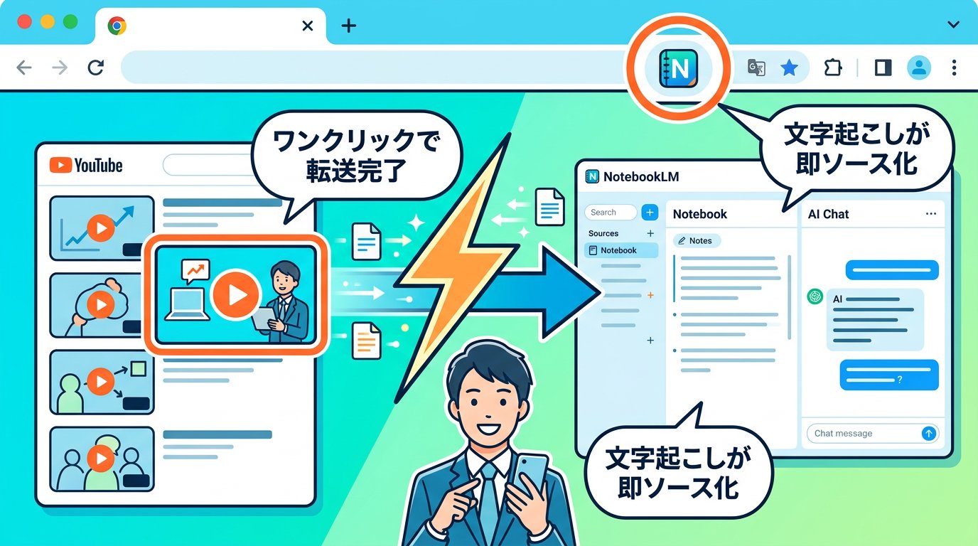 ChromeツールバーのNotebookLM Web ImporterアイコンからYouTube動画をワンクリックでNotebookLMに転送する図解
