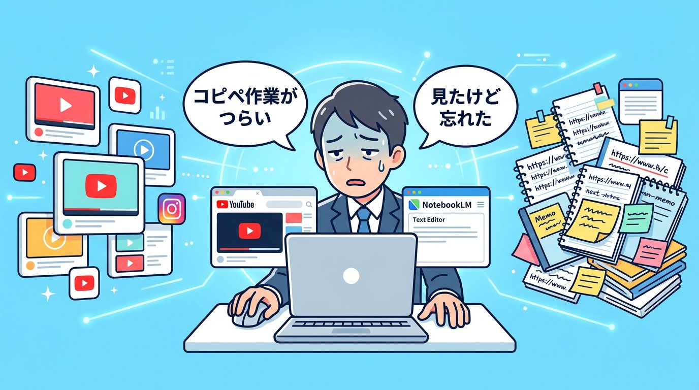YouTubeとNotebookLMのタブを交互に開きコピペ作業に疲弊するビジネスパーソン
