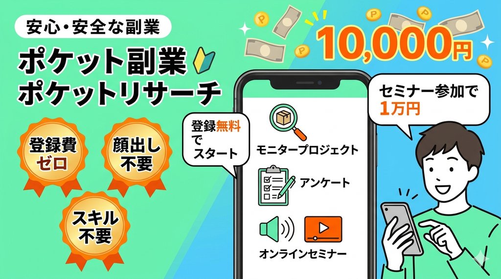 ポケットリサーチの特徴——登録費ゼロ・顔出し不要・スキル不要・セミナー参加で1万円