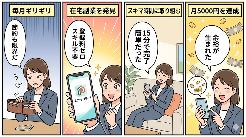 在宅副業4コマ漫画——毎月ギリギリからポケットリサーチで月5000円達成までの流れ