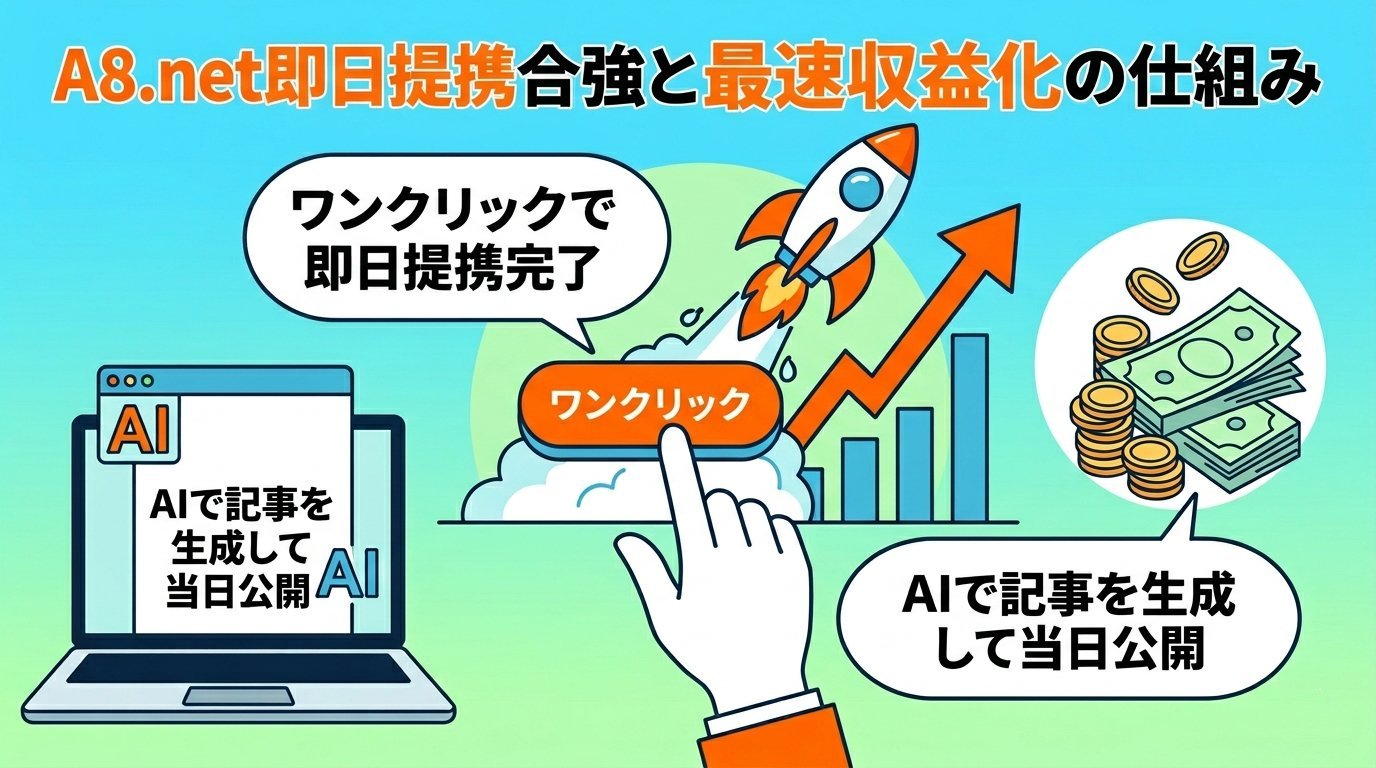 A8.net即時提携とAIブログ記事生成を組み合わせた最速収益化の仕組み図解