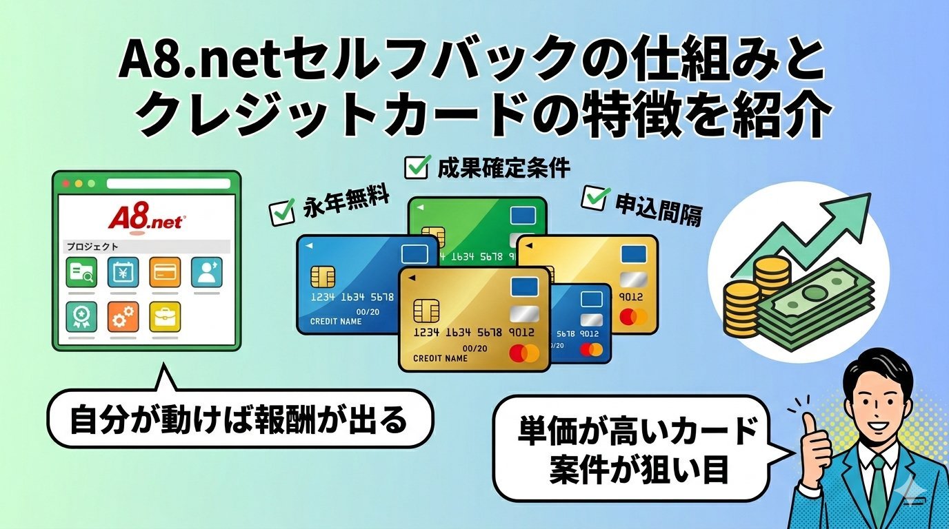 A8.netセルフバックのクレジットカード案件の仕組みと選定ポイントを紹介するイラスト