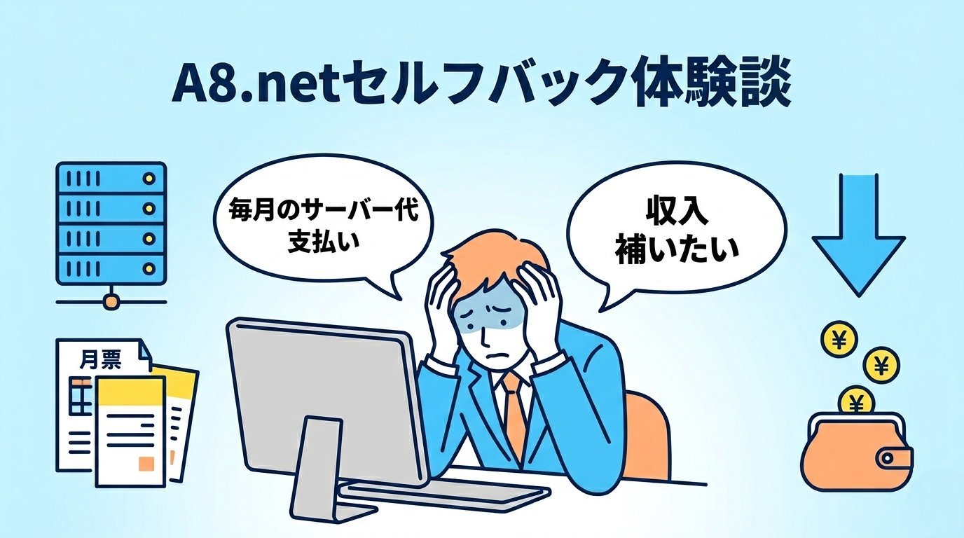 毎月のサーバー代に悩むブロガーがA8.netセルフバックで解決策を見つける導入イメージ
