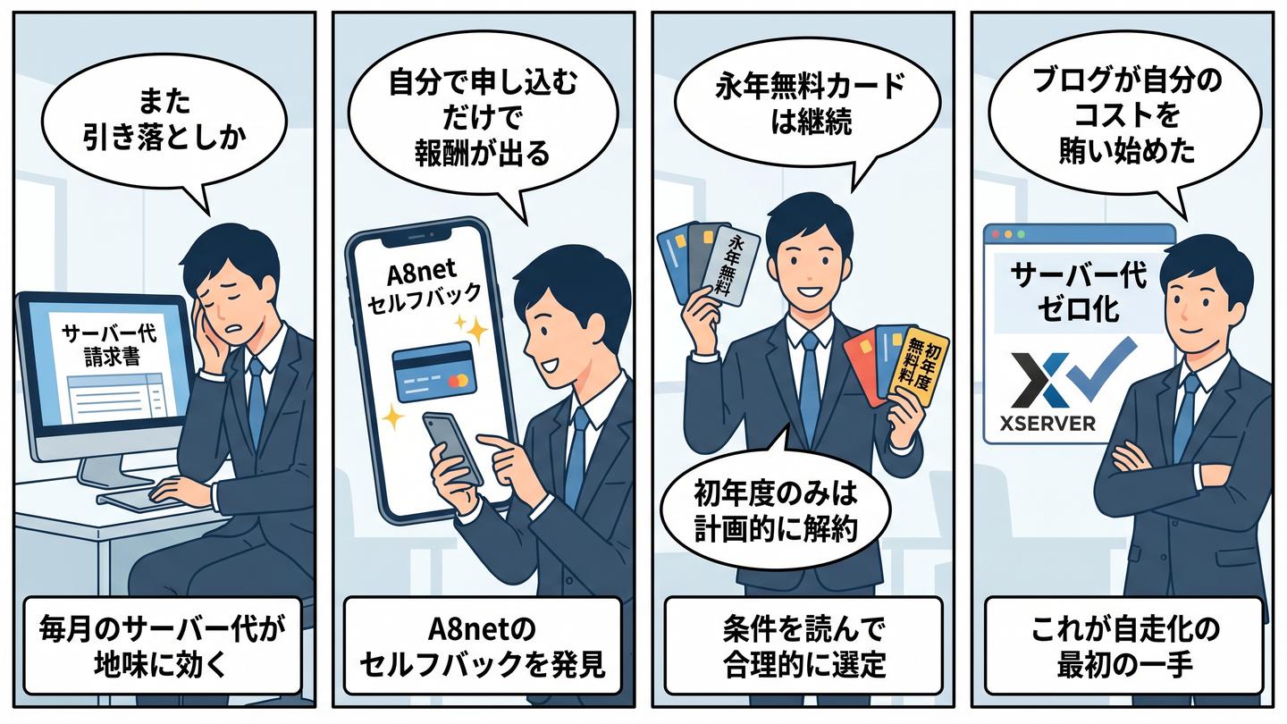 A8.netセルフバック活用術を4コマ漫画で図解したイラスト