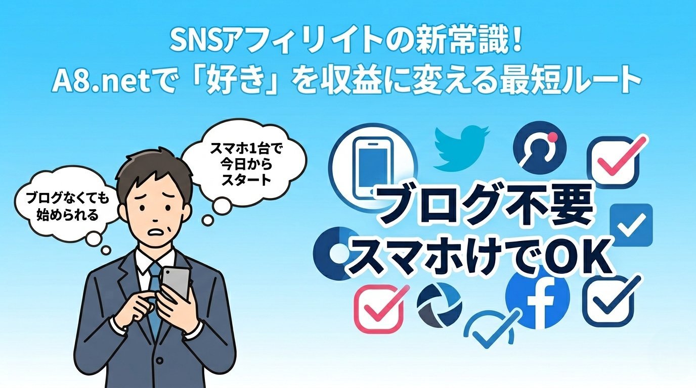 ブログ不要・スマホだけでSNSアフィリエイトが始められることを示すイラスト