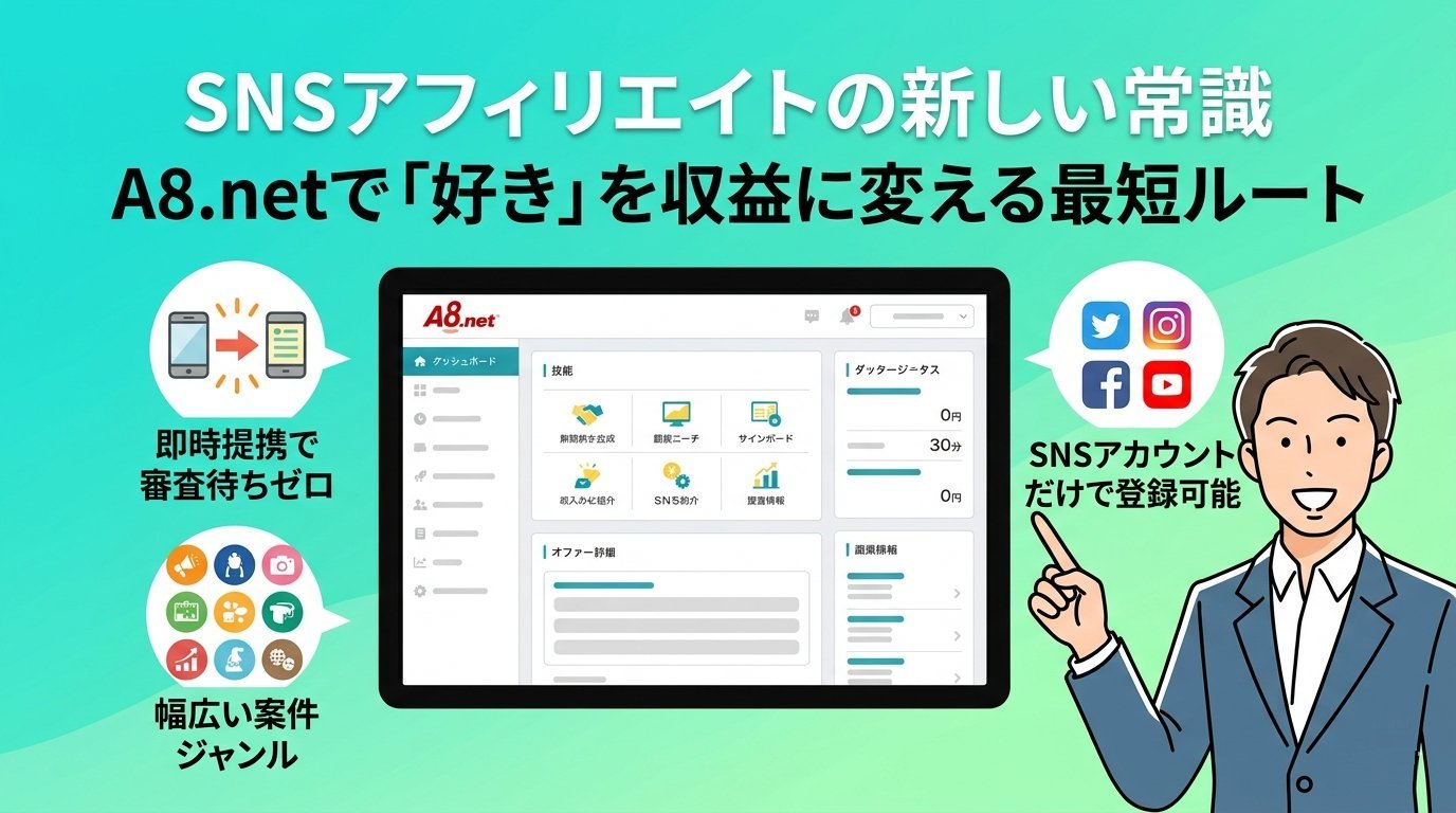 A8.netの即時提携・幅広い案件ジャンル・SNSアカウント登録の特徴を示すイラスト