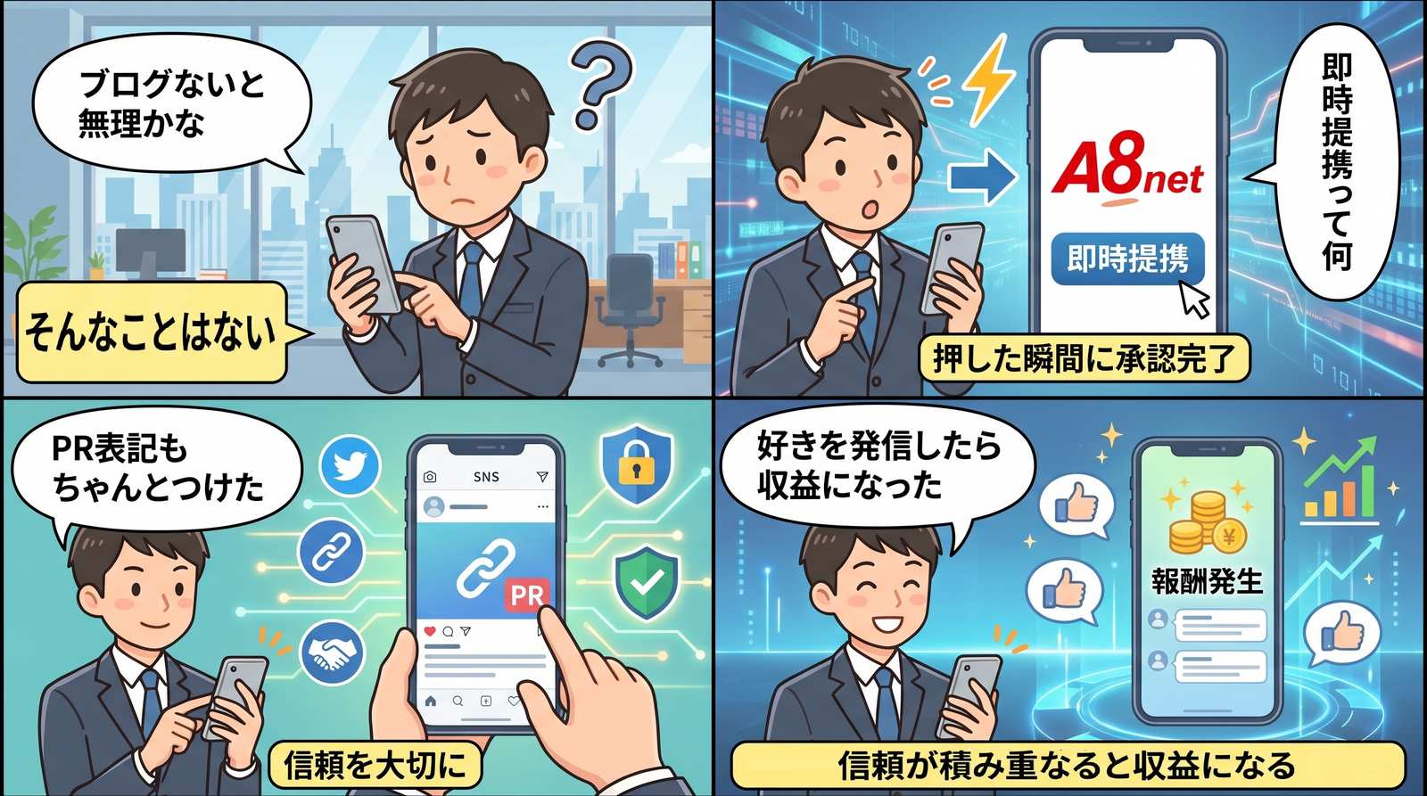 SNSアフィリエイトの流れを4コマ漫画で解説したイラスト