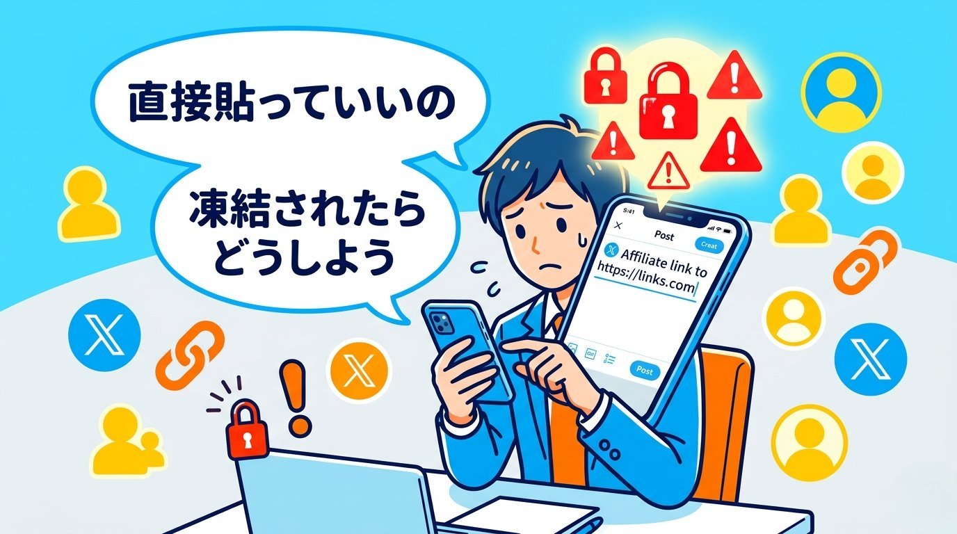 A8ネットのアフィリエイトリンクをXに直接貼ることの凍結リスクを心配するビジネスパーソンのイラスト