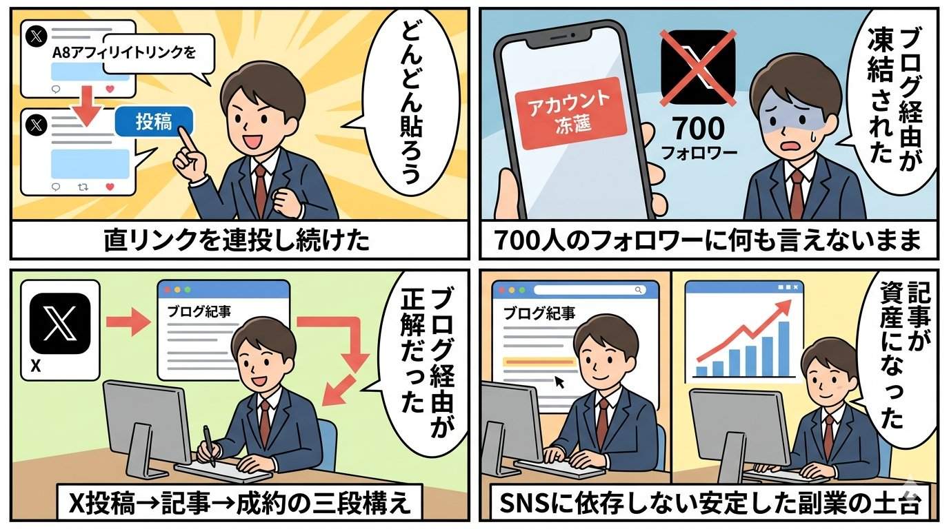 A8ネットXアフィリエイト凍結リスクとブログ活用による解決策を描いた4コマ漫画イラスト