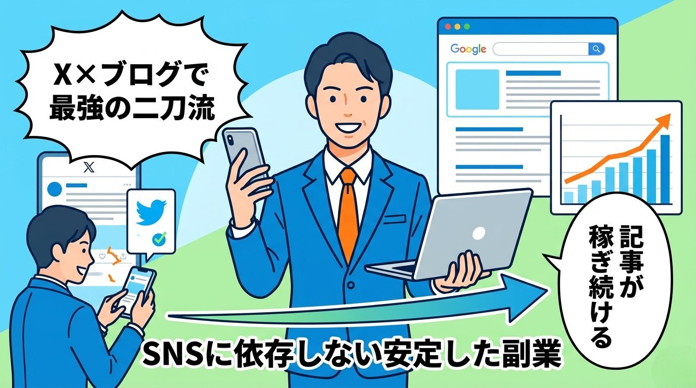 XとブログのX×ブログ二刀流でSNSに依存しない安定した副業を実現した理想の未来イメージイラスト