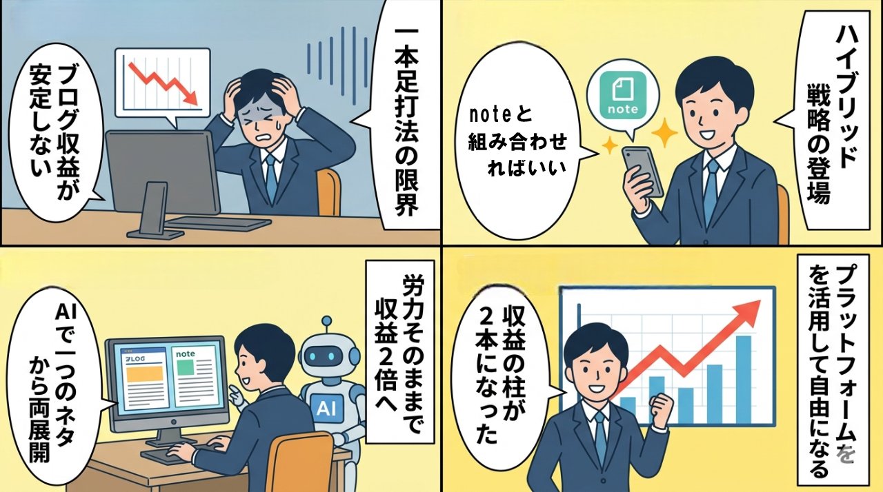 AIブログとnoteハイブリッド戦略を4コマ漫画で図解