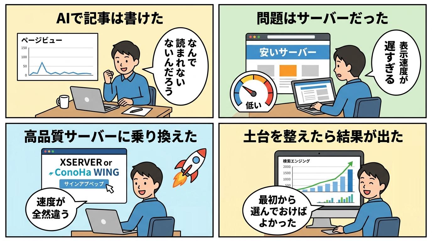 サーバー選びの4コマ漫画:AIで記事を書いたが読まれない→サーバーが問題→乗り換え→結果が出た