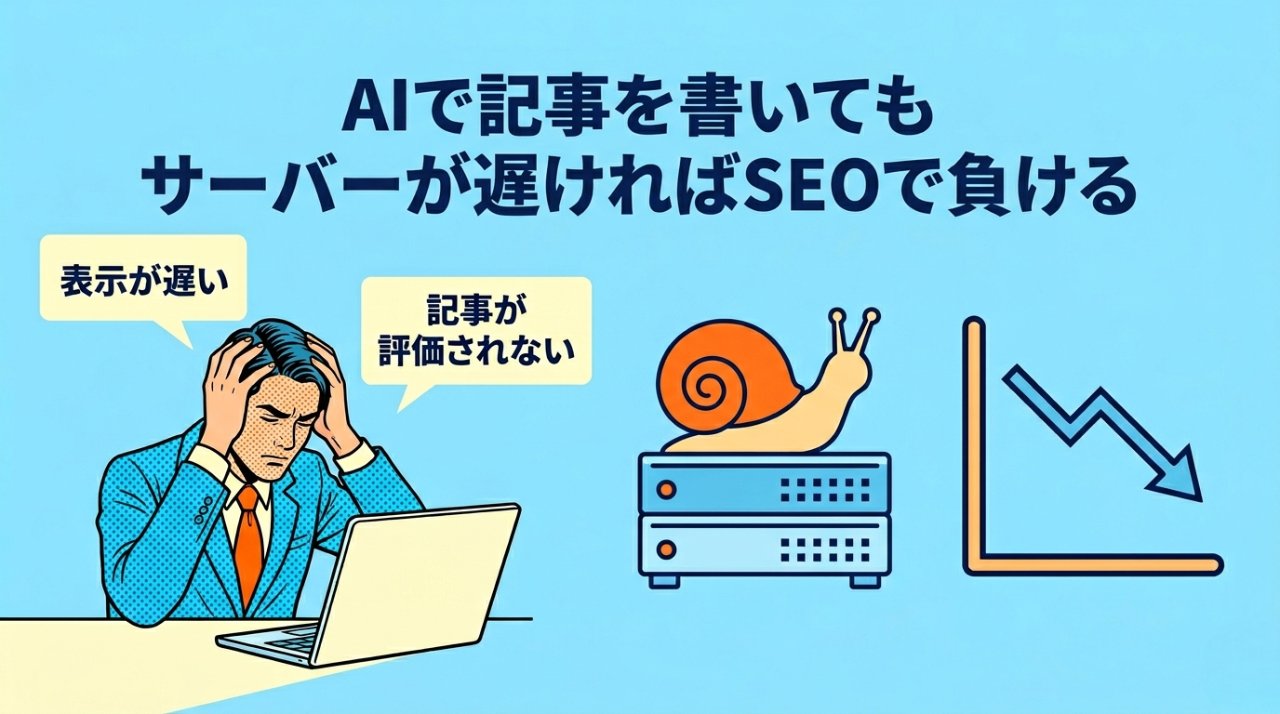 AIで記事を書いてもサーバーが遅ければSEOで負けるという課題提起イラスト