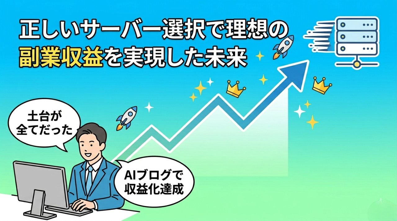 正しいサーバー選択でAIブログ収益化を達成した未来イメージイラスト