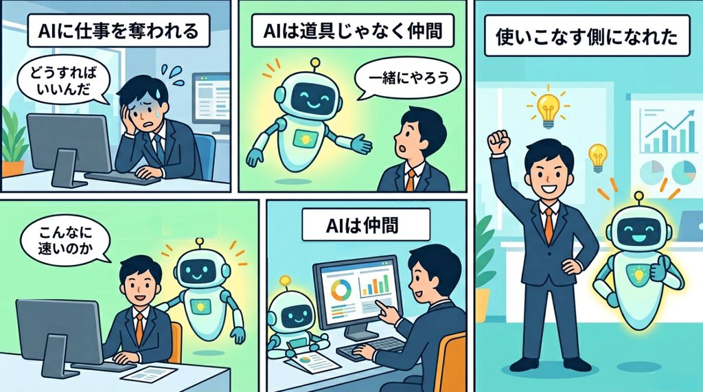 AIに仕事を奪われる不安から使いこなす側へと変わる4コマ漫画