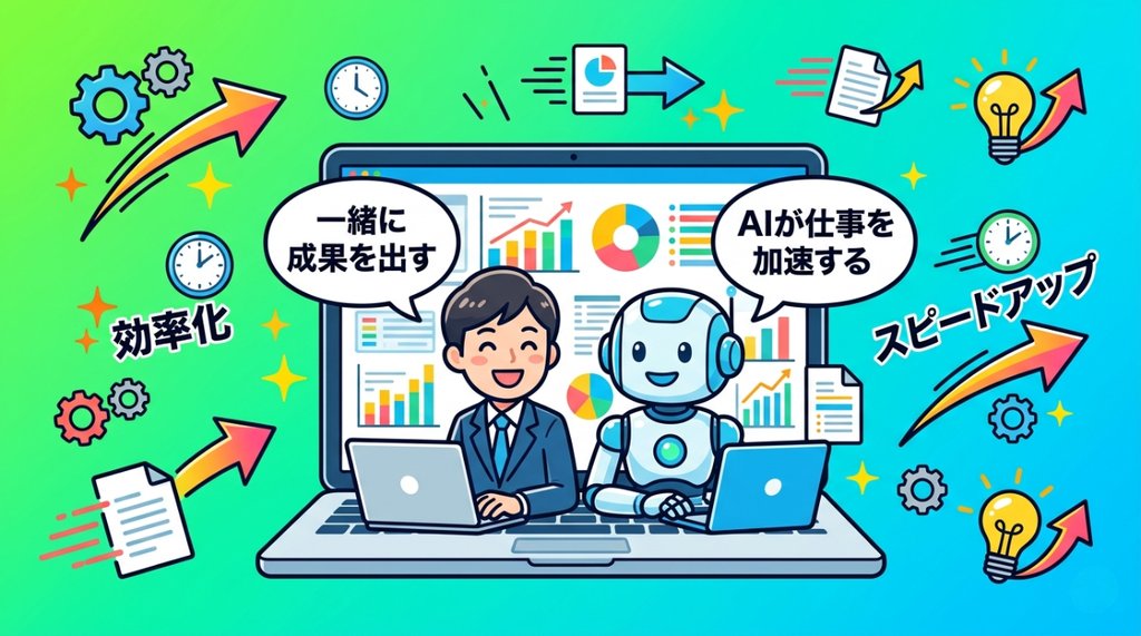 人間とAIが並んでパソコンで作業し一緒に成果を出すイラスト