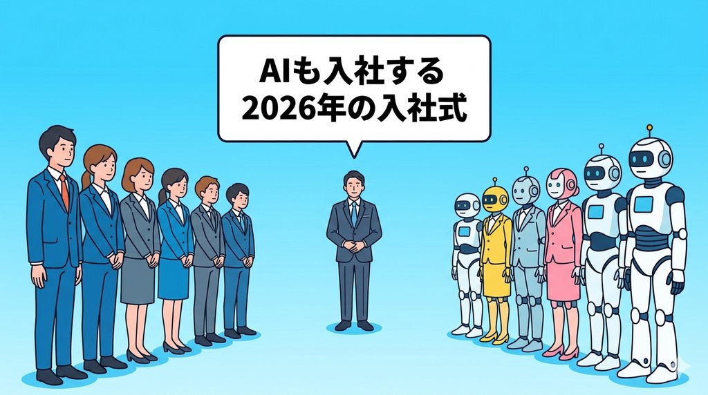 人間の新入社員とAIエージェントが並んで立つ2026年の入社式のイラスト