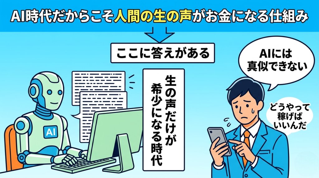 AIが大量のコンテンツを生成する時代に、人間の生の声だけが希少になる様子を示したイラスト