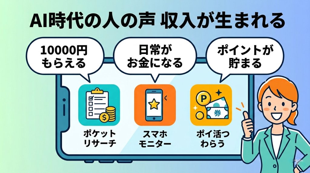 ポケットリサーチ・スマートフォンモニター・ポイ活ワラウの3サービスを紹介するイラスト