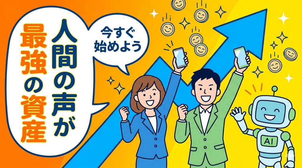 人間の声が最強の資産として輝く未来イメージ、男女とAIロボットが笑顔でガッツポーズするイラスト