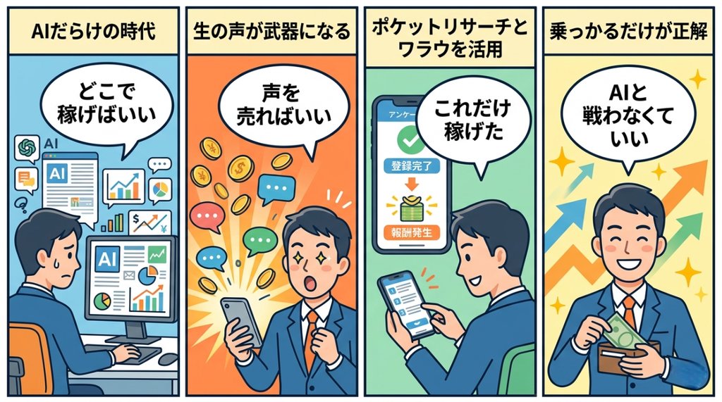 AI時代に人間の生の声がお金になる流れを4コマ漫画で図解したイラスト