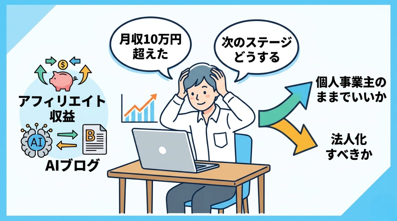 月収10万円を超えたAI副業者が個人事業主のままでいいか法人化すべきか悩んでいるイラスト