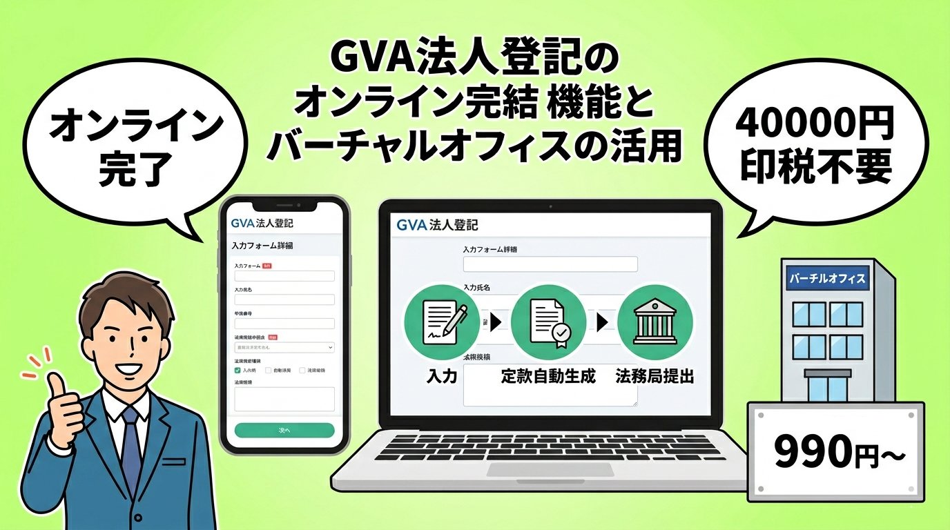 GVA法人登記のオンライン完結機能とバーチャルオフィス活用を説明するイラスト