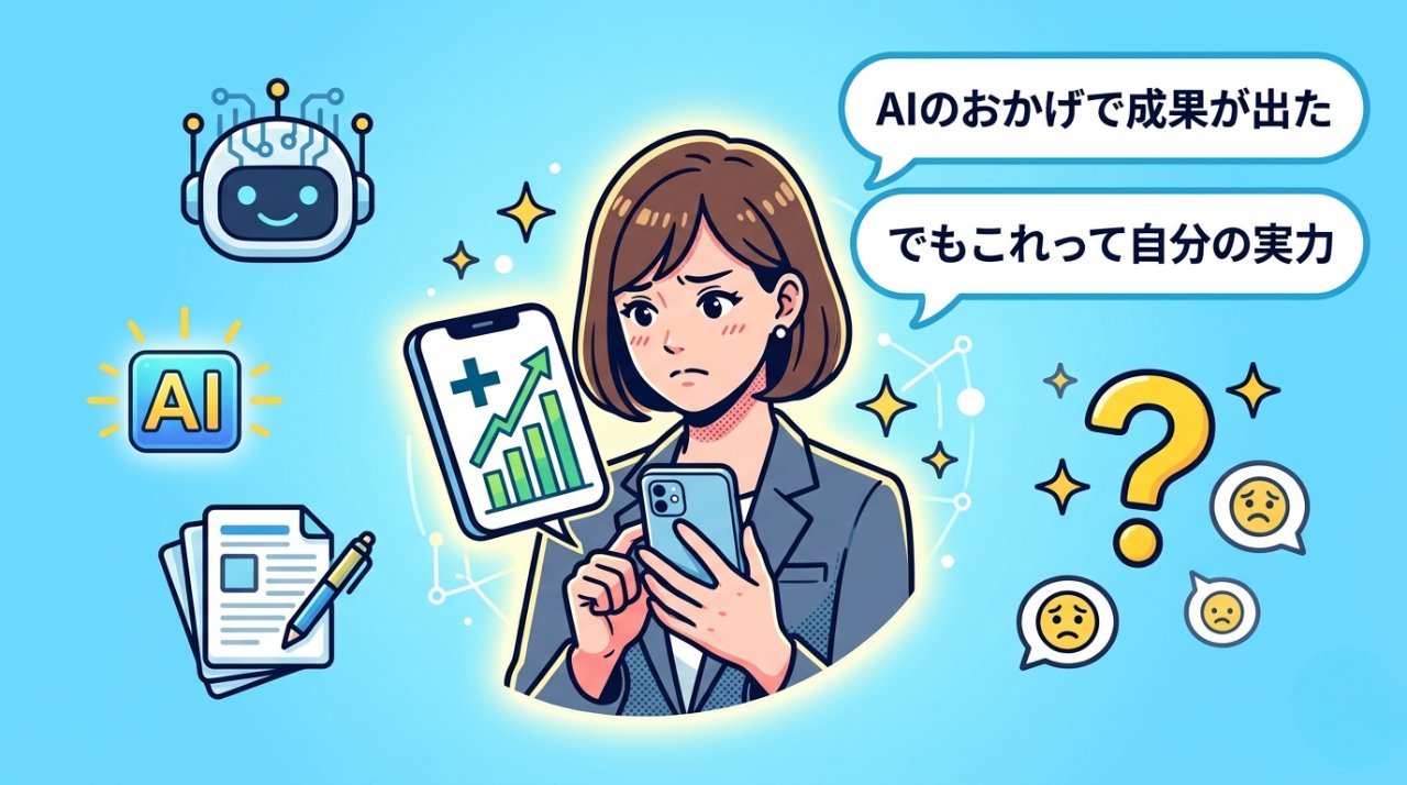 AIのおかげで成果が出たのに自信が持てない女性のイラスト