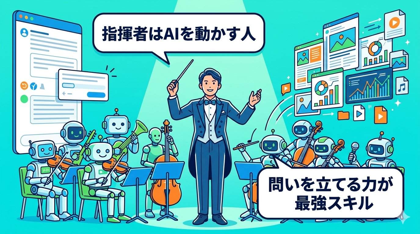 指揮者がAIロボットオーケストラを指揮するイラスト