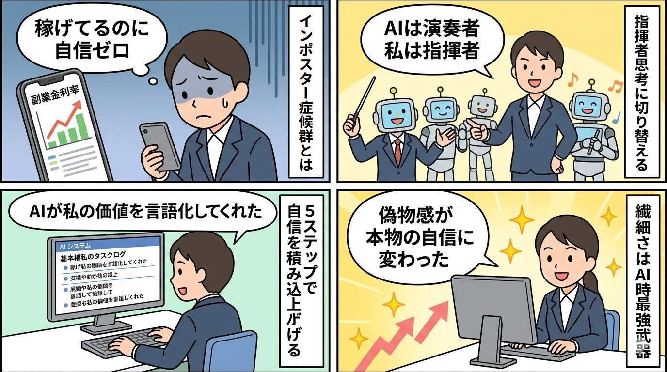 AI副業インポスター症候群克服の4コマ漫画
