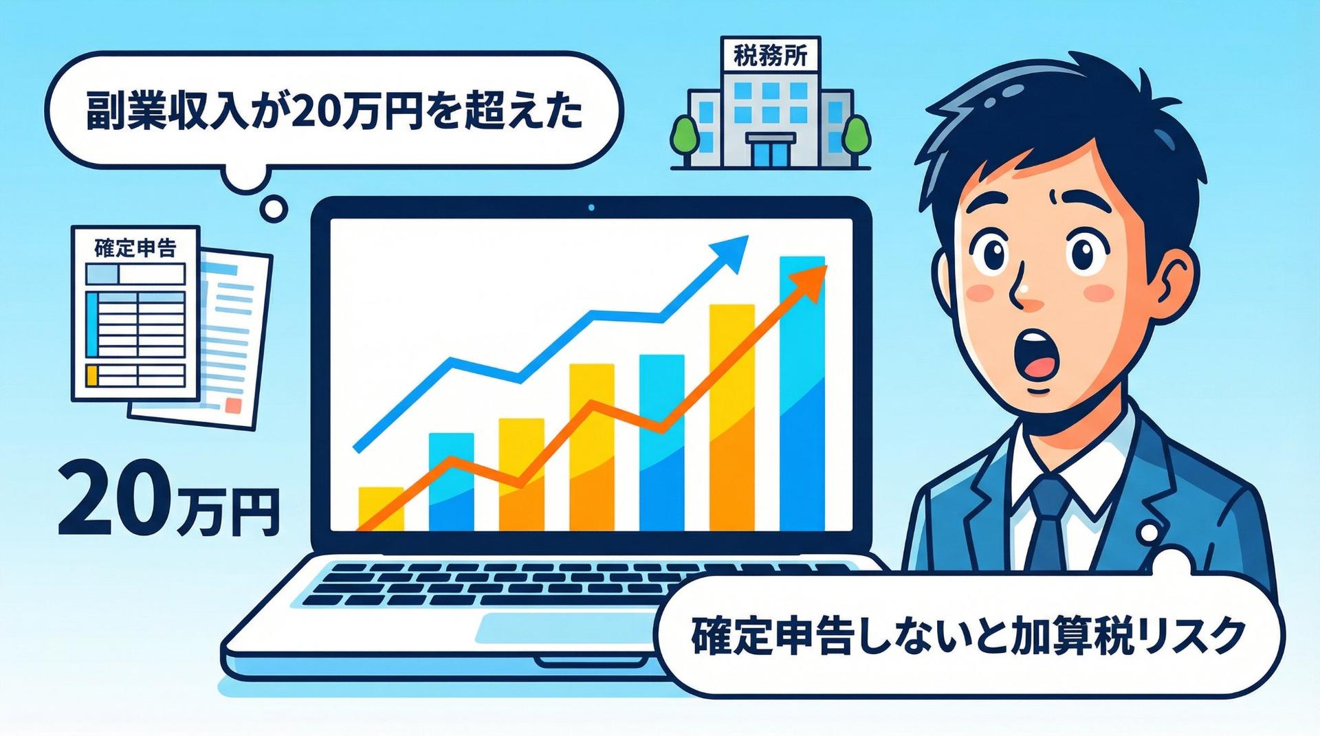 副業収入が20万円を超えた瞬間に確定申告の義務が発生することを示すイラスト