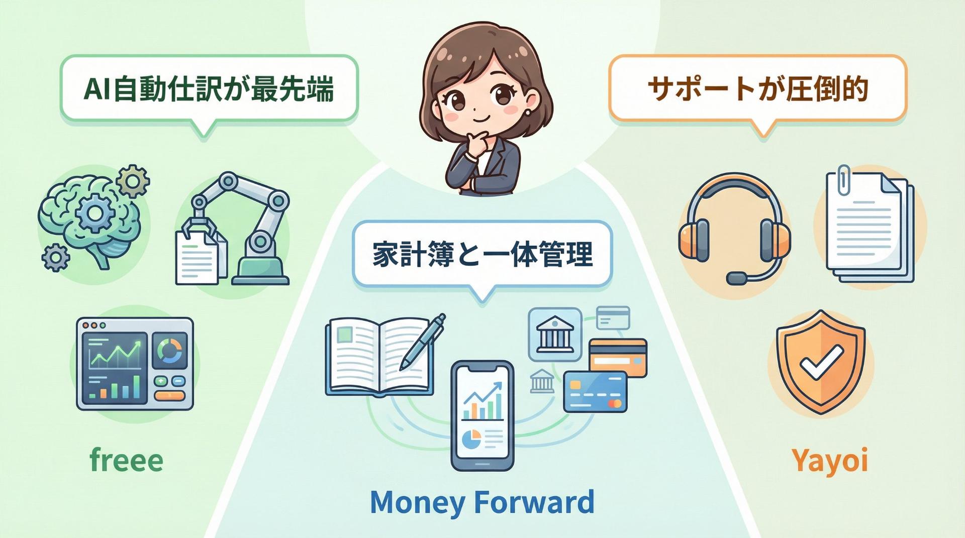 freee・マネーフォワード・やよいの青色申告の3サービス比較インフォグラフィック