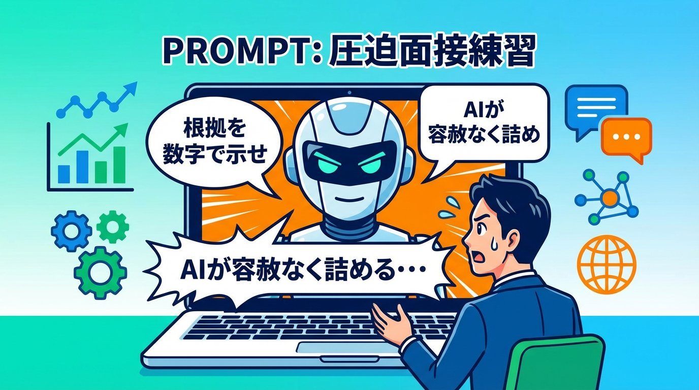 AIを意地悪な面接官に仕立てたプロンプト練習のイラスト