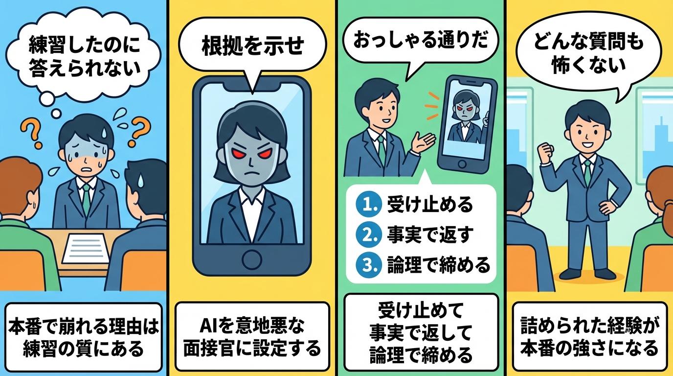 圧迫面接対策4コマ漫画・AIで練習して本番突破
