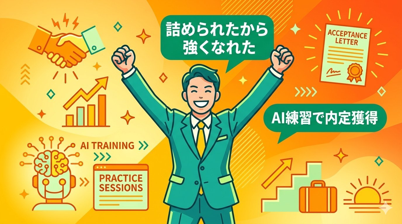 AI練習で圧迫面接を突破し内定を獲得したビジネスパーソンのイラスト