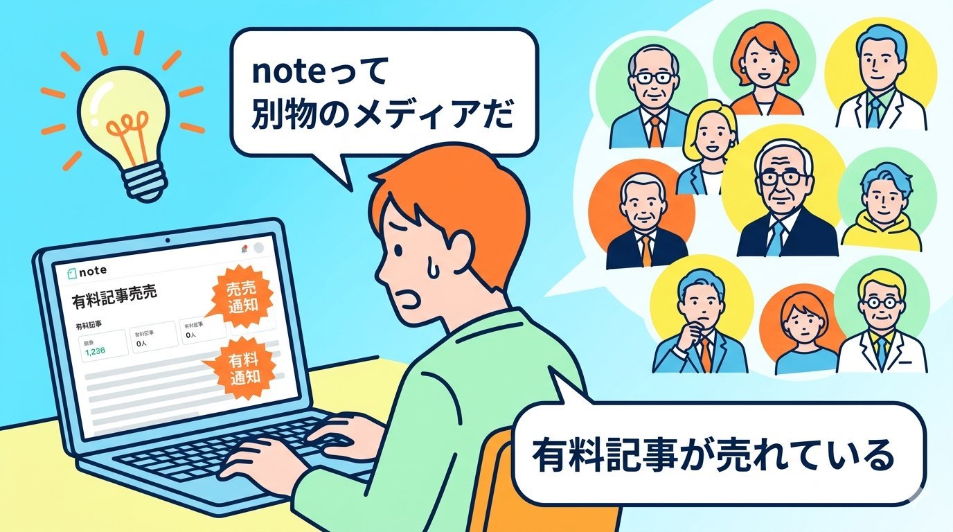 noteを見て衝撃を受けるブログ運営者のイラスト