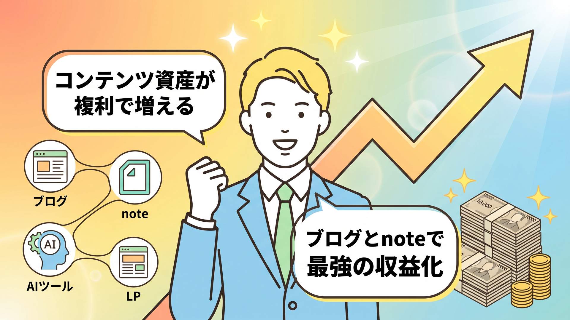 ブログとnoteで収益化が複利で増える未来イメージのイラスト