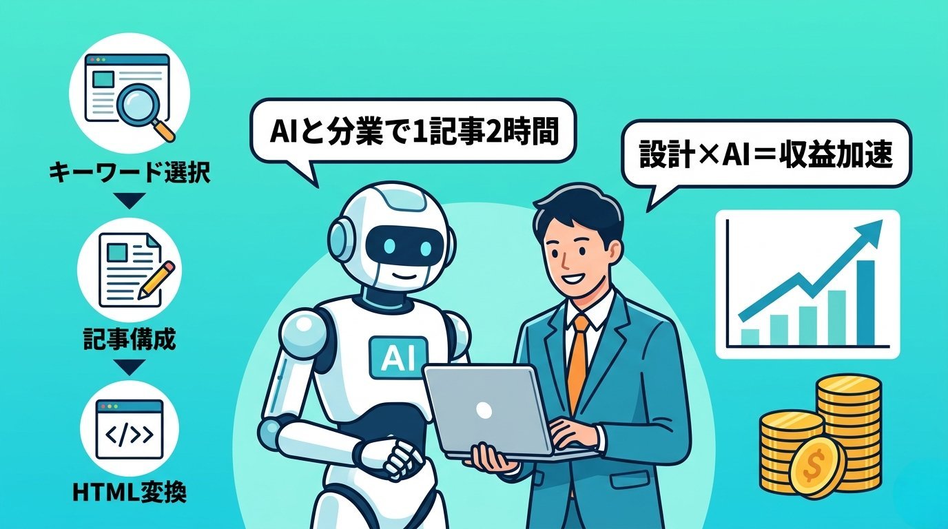 AIと人間が分業してキーワード選定・記事構成・HTML変換を行い収益を加速させるフロー図