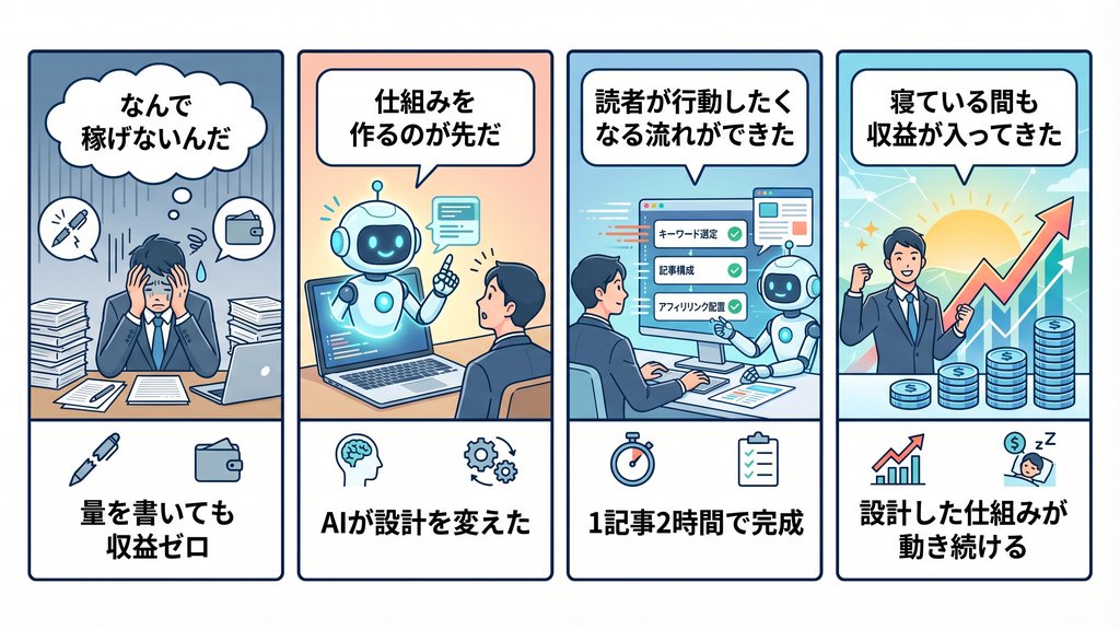 AI副業ブログアフィリ4コマ漫画。量を書いても収益ゼロからAIと設計で仕組みが動き続けるまでの変化