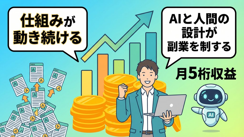 AIと人間の設計が副業を制する。仕組みが動き続け月5桁収益を達成した未来イメージ