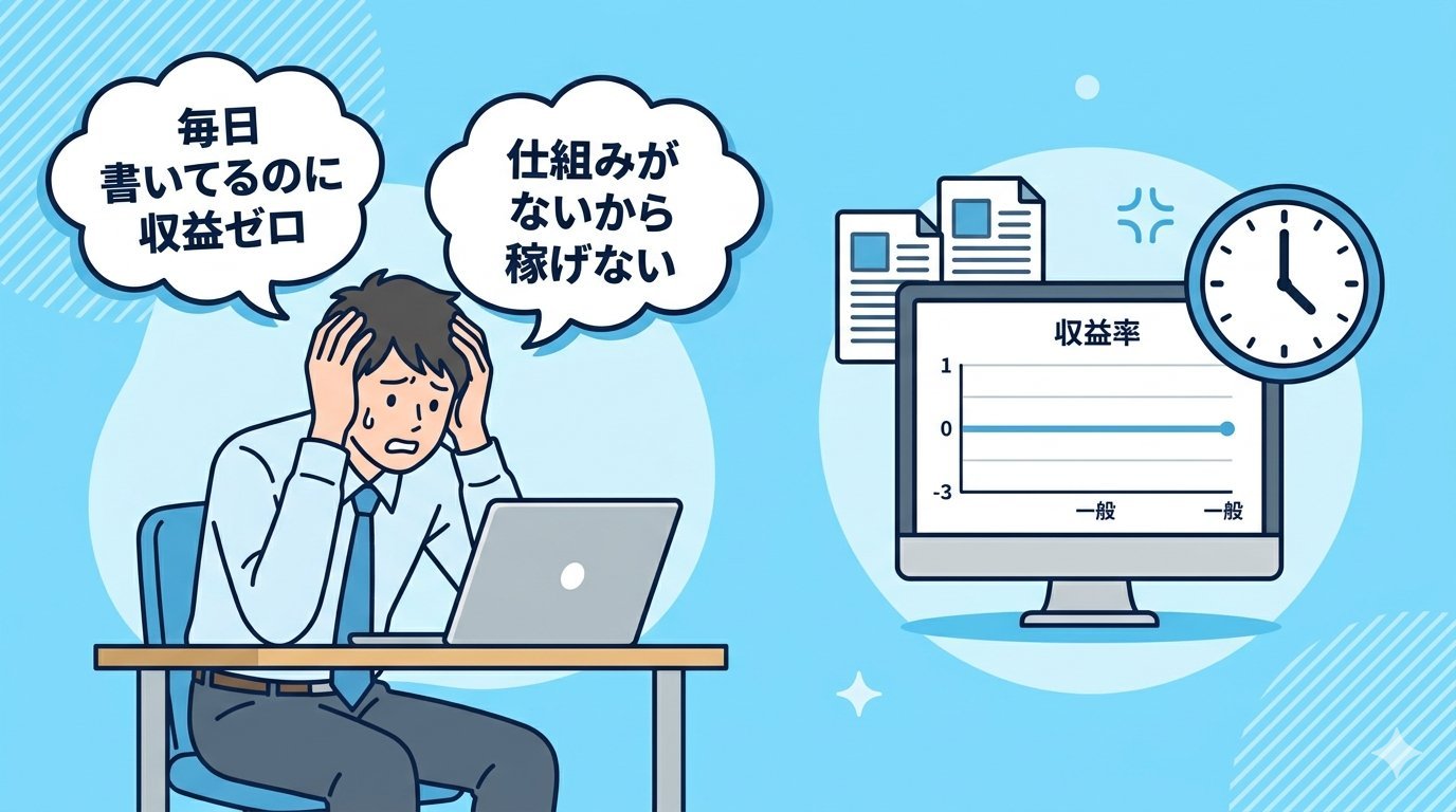 毎日記事を書いても収益ゼロで悩むビジネスパーソン。仕組みがないから稼げないという課題提起